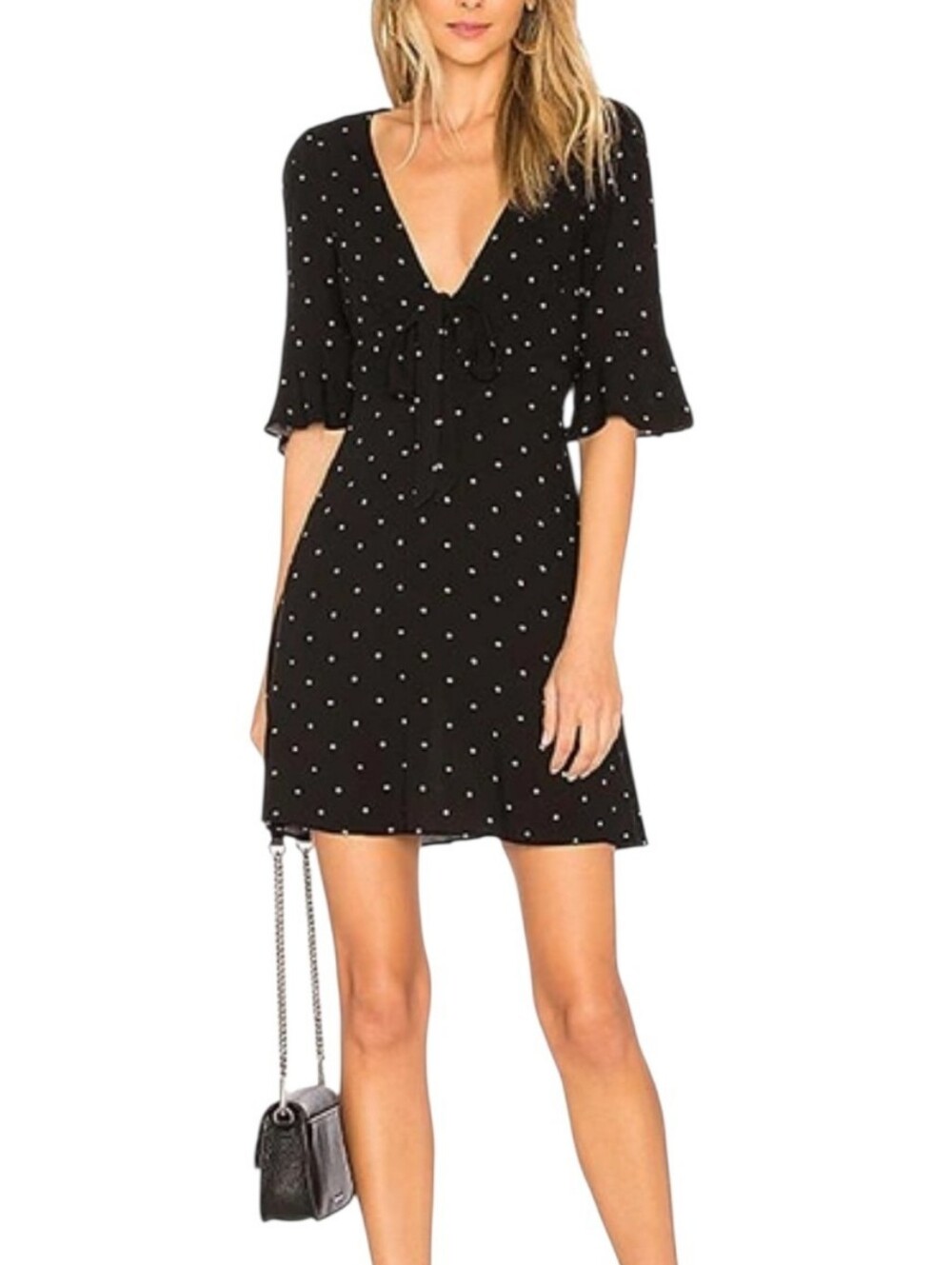 Free People All Your Black Polka Dot V-Neck Mini Dress Womens Size 6